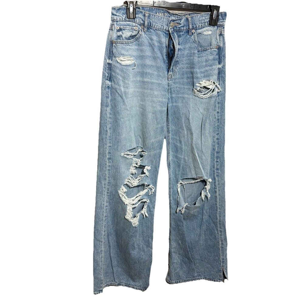 American Eagle Super High Rise Baggy Wide Leg Jeans Womens 2 R Blue Distressed